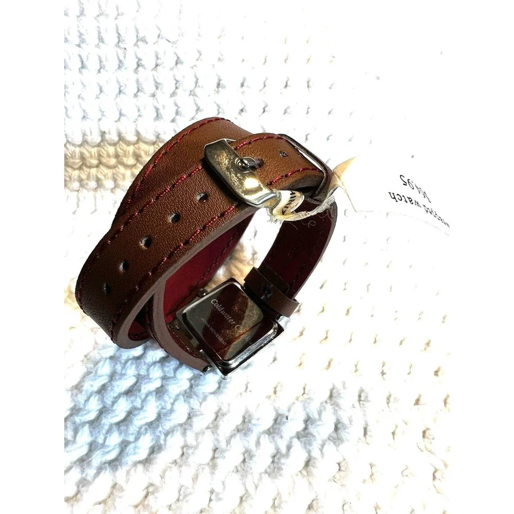 Coldwater Creek Silver Tone Square Case Brown Leather Wrap Band Watch. New